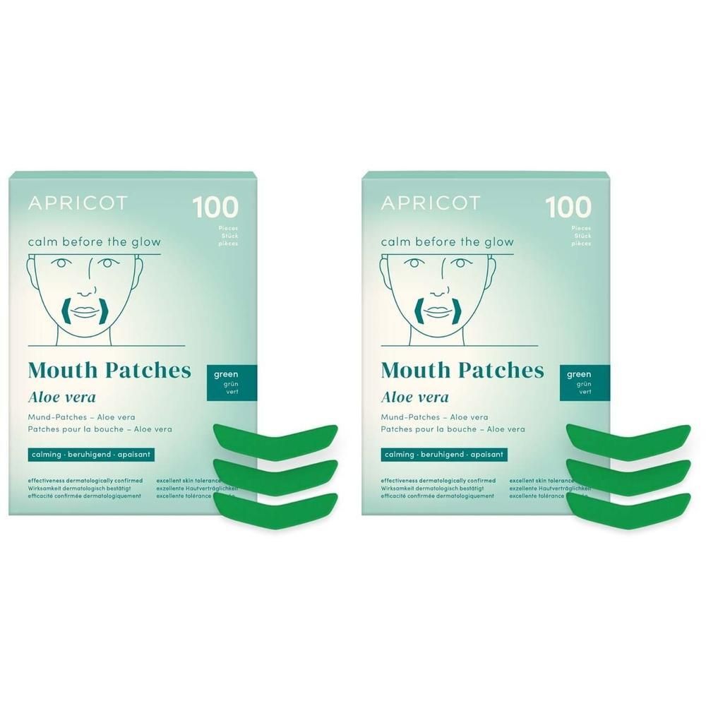 Zwei Packungen APRICOT Mouth Patches Aloe vera, je 100 Stück, mit grünen Mundpflastern. Verpackung mit Produktname und Illustration.