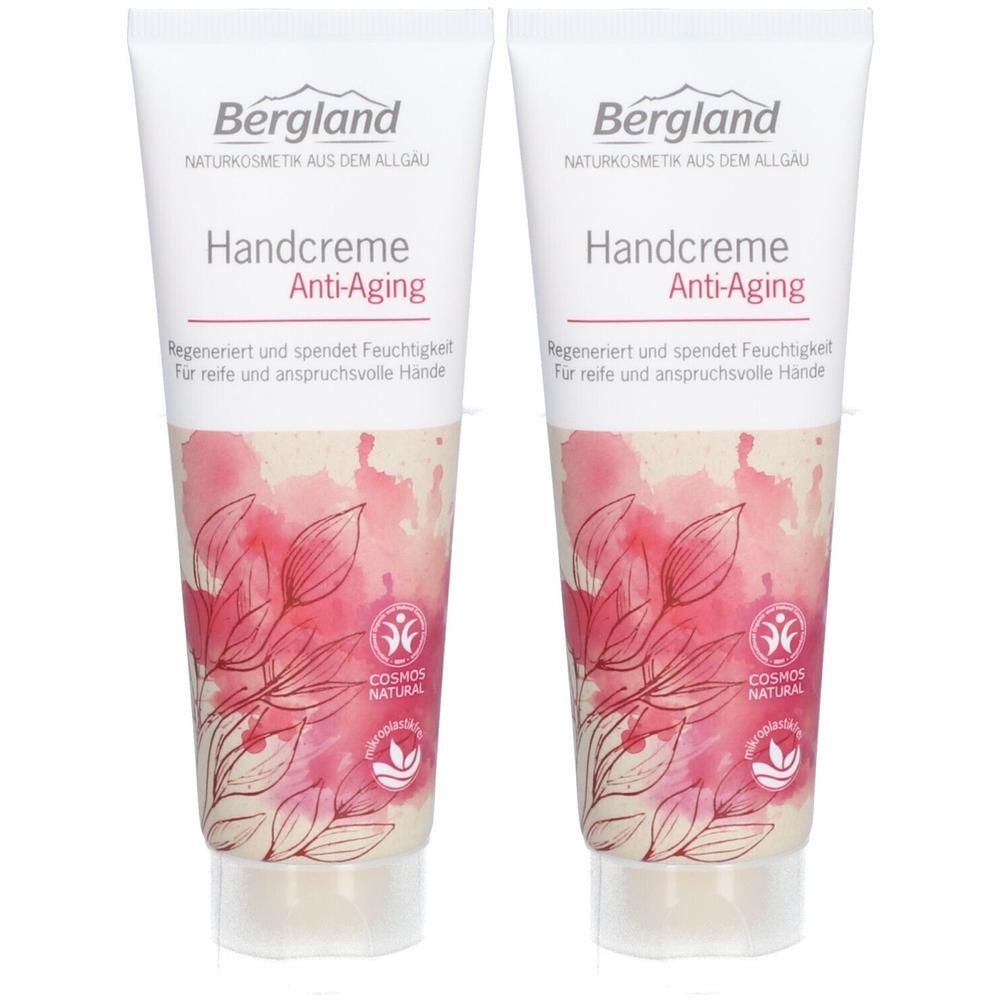 Zwei Tuben Handcreme. Aufschrift: Bergland Handcreme Anti-Aging. Mit floralem Muster und COSMOS NATURAL Siegel.