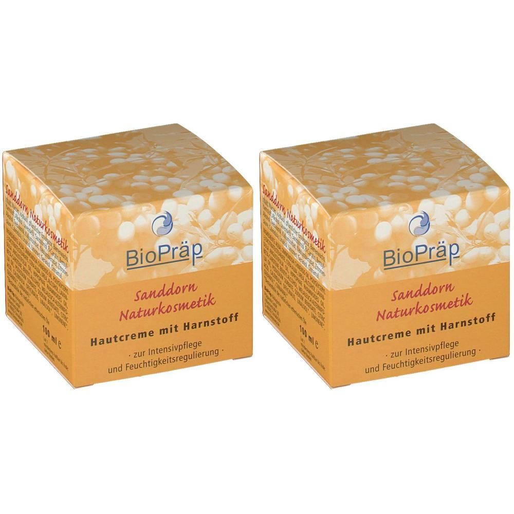 Zwei quadratische Kartons. Aufdruck: BioPräp, Sanddorn Naturkosmetik, Hautcreme mit Harnstoff. Orangefarbener Hintergrund mit weißen Beeren.