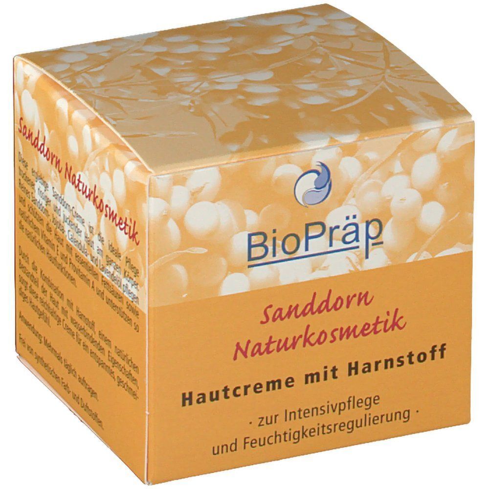 Quadratischer Karton. Aufdruck: BioPräp, Sanddorn Naturkosmetik, Hautcreme mit Harnstoff. Text auf orangefarbenem Hintergrund. Weiße Beeren.