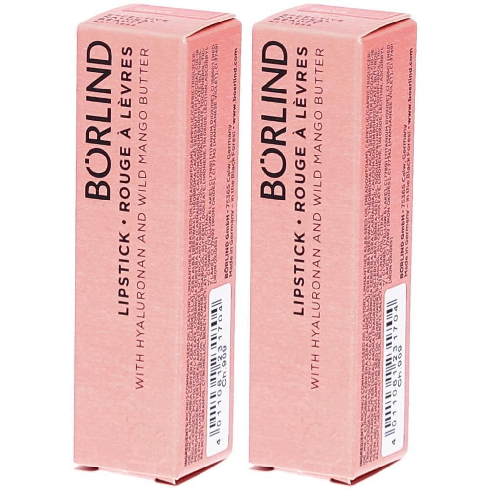 Zwei rosafarbene Lippenstift-Verpackungen. Aufschrift: BÖRLIND LIPSTICK ROUGE À LÈVRES mit Hyaluronan und Wild Mango Butter.