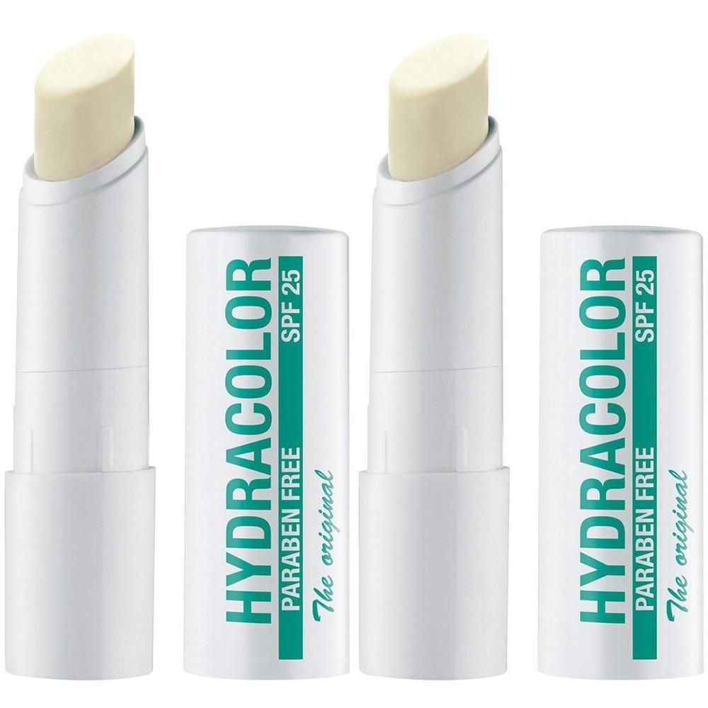 Lippenpflegestift mit weißer Hülle. Aufschrift: HYDRACOLOR, PARABEN FREE, SPF 25. Der Stift ist teilweise ausgefahren.