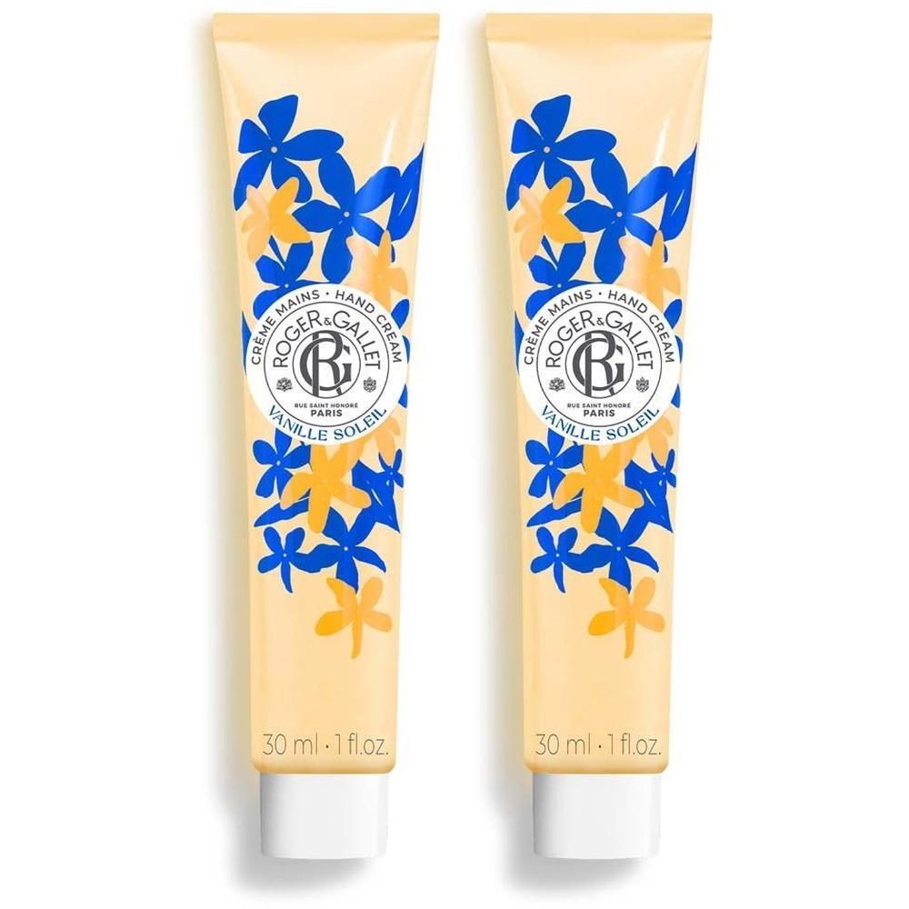 Zwei Tuben Handcreme mit floralem Muster. Aufschrift: Crème Mains, Roger & Gallet, Vanille Soleil. 30 ml.