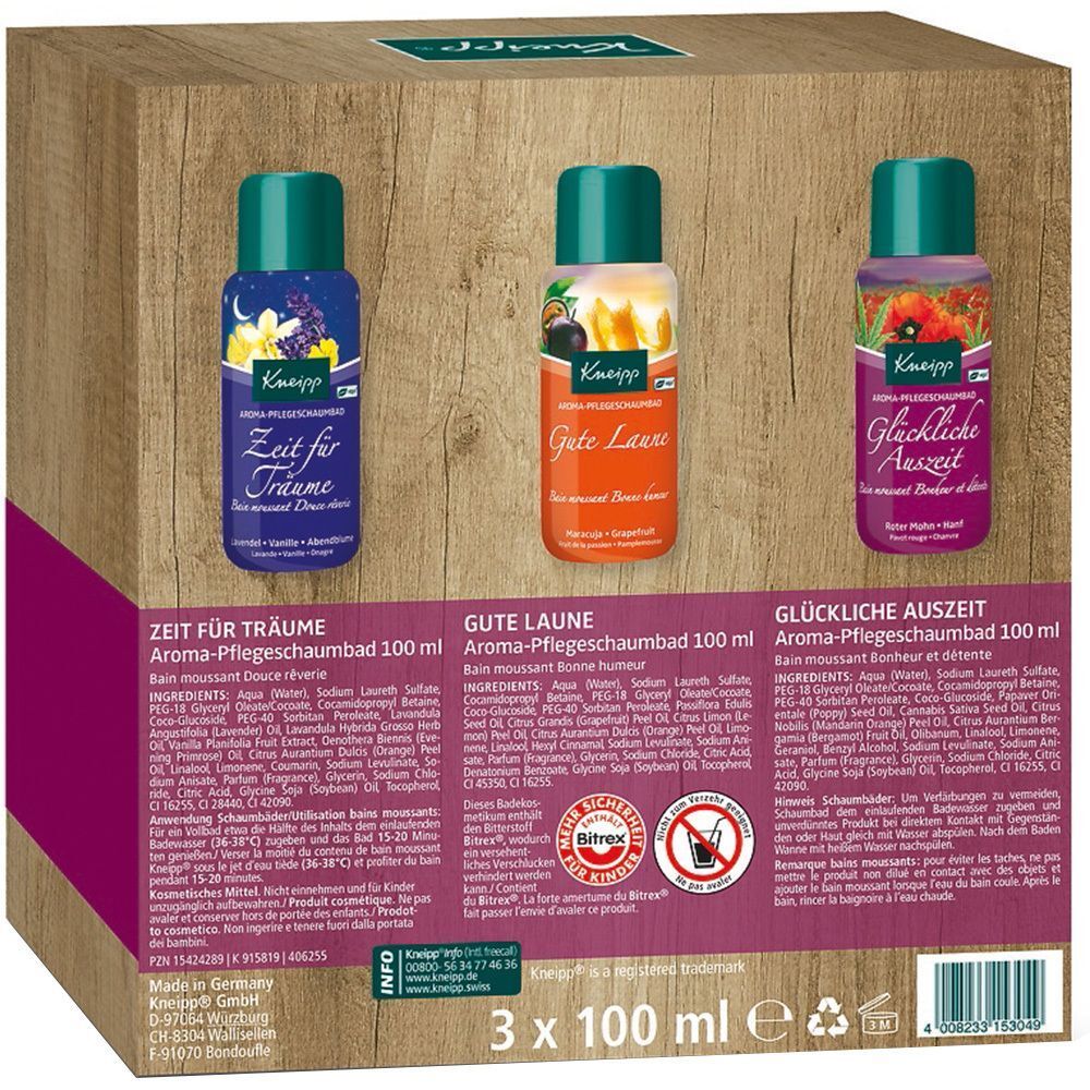Rückseite der Geschenkbox mit drei Kneipp Aroma-Pflegeschaumbad Flaschen. Text: Zeit für Träume, Gute Laune, Glückliche Auszeit. 3 x 100 ml.