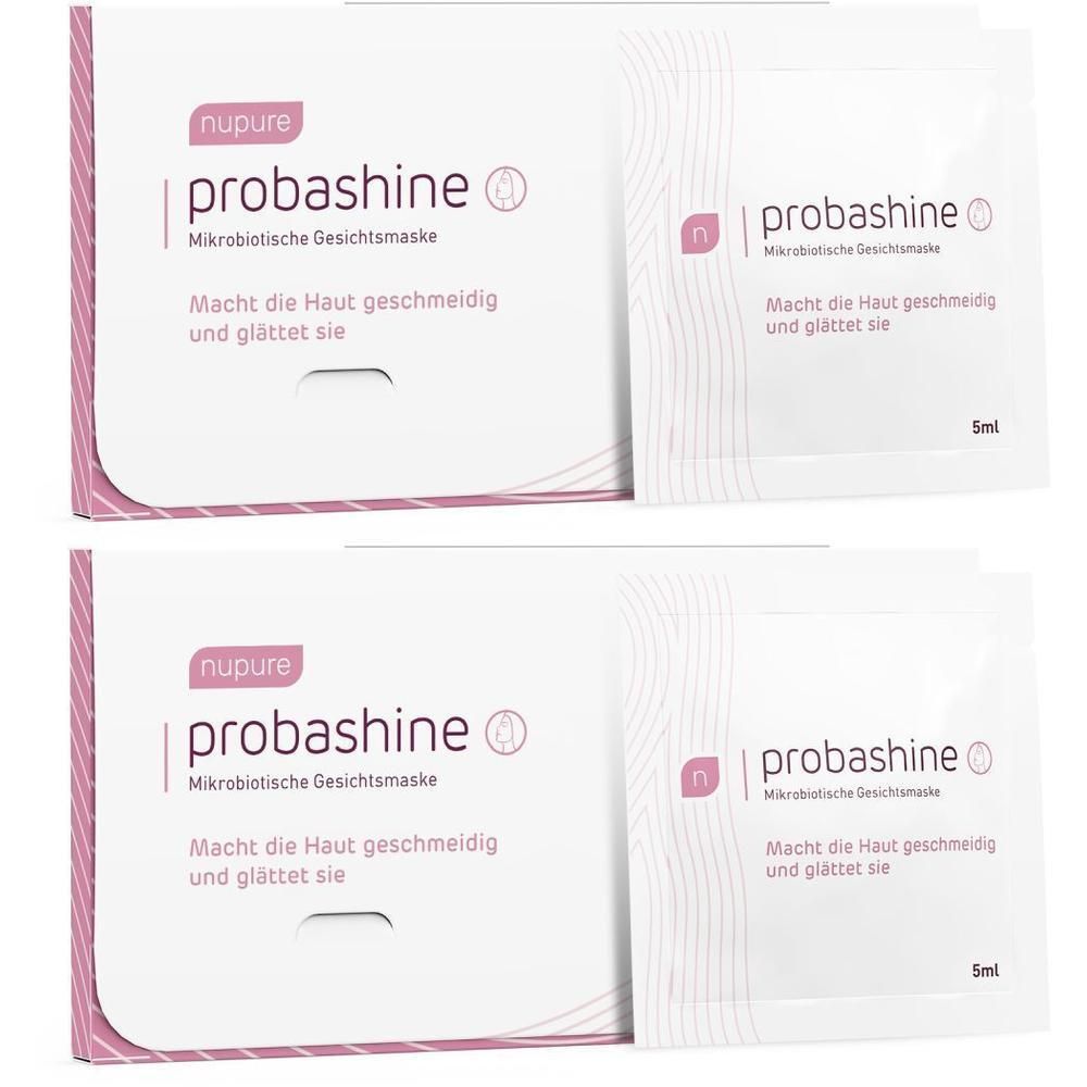 Zwei Kartons nupure probashine Gesichtsmaske. Verpackung mit Produktname und Logo. Einzelne Maskenbeutel.