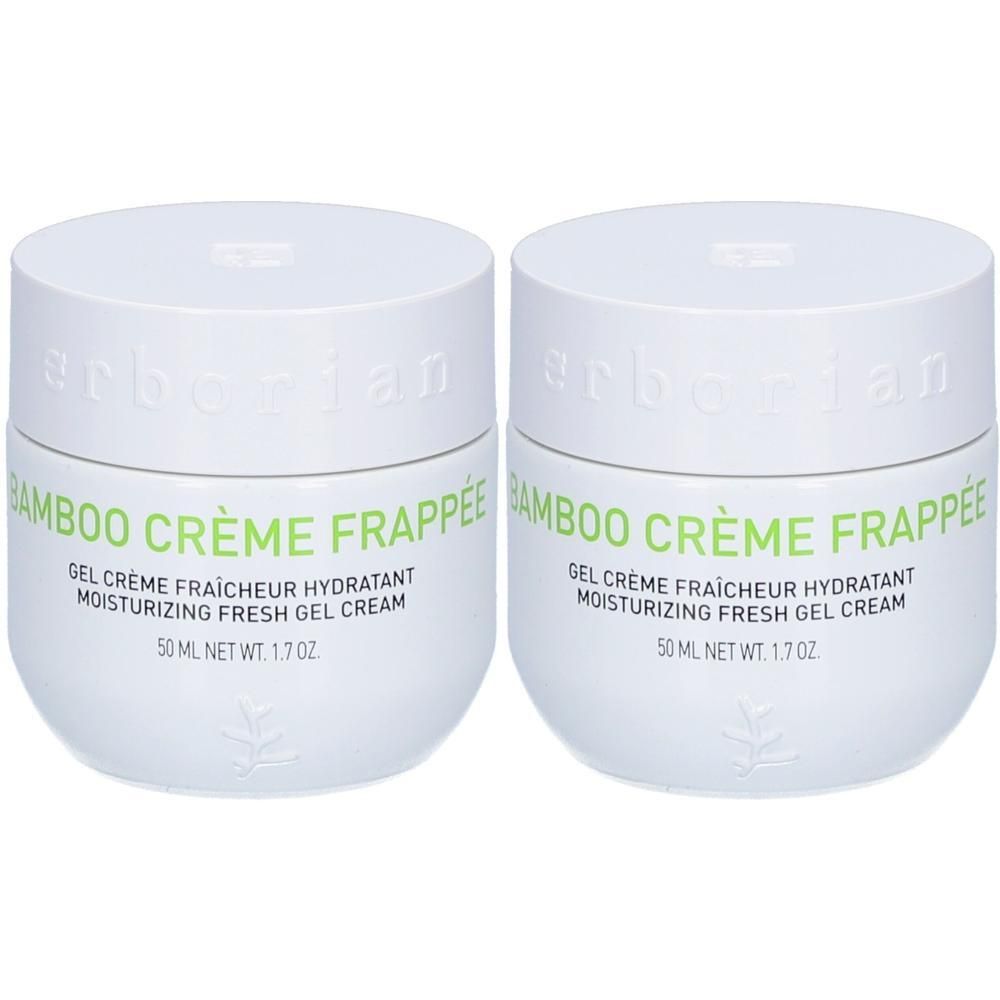 Zwei weiße Tiegel mit Deckel. Aufschrift: Bamboo Crème Frappée, Gel Crème Fraîcheur Hydratant, Moisturizing Fresh Gel Cream. Marke: Erborian.