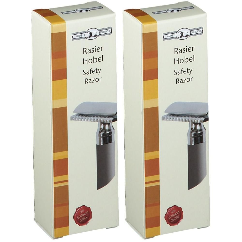 Zwei Rasierhobel in Verpackung. Aufdruck: Rasier Hobel Safety Razor. Goldene Qualitätsmarke.