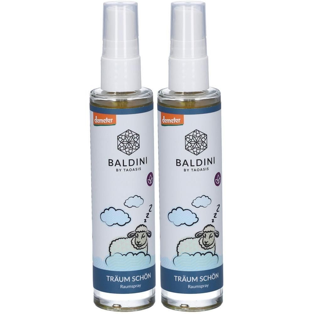 Zwei Sprühflaschen mit weißem Sprühkopf. Aufschrift: BALDINI, Träum schön. Motiv: Schaf unter Wolken. Demeter-Logo.