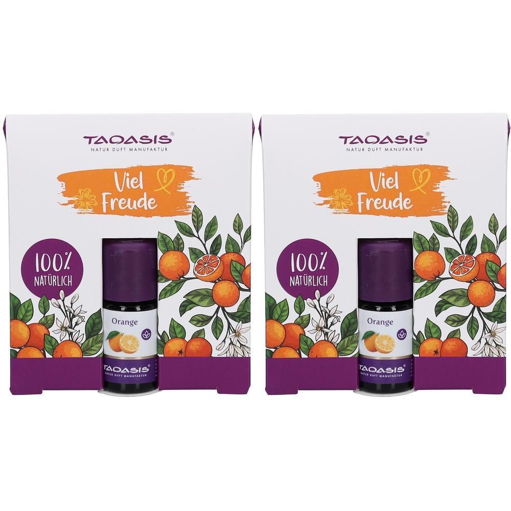 Zwei Mini-Duftsets mit Fläschchen und Kartonverpackung. Aufdrucke: TAOASIS, Viel Freude, 100% natürlich, Orange. Abbildung von Orangen.