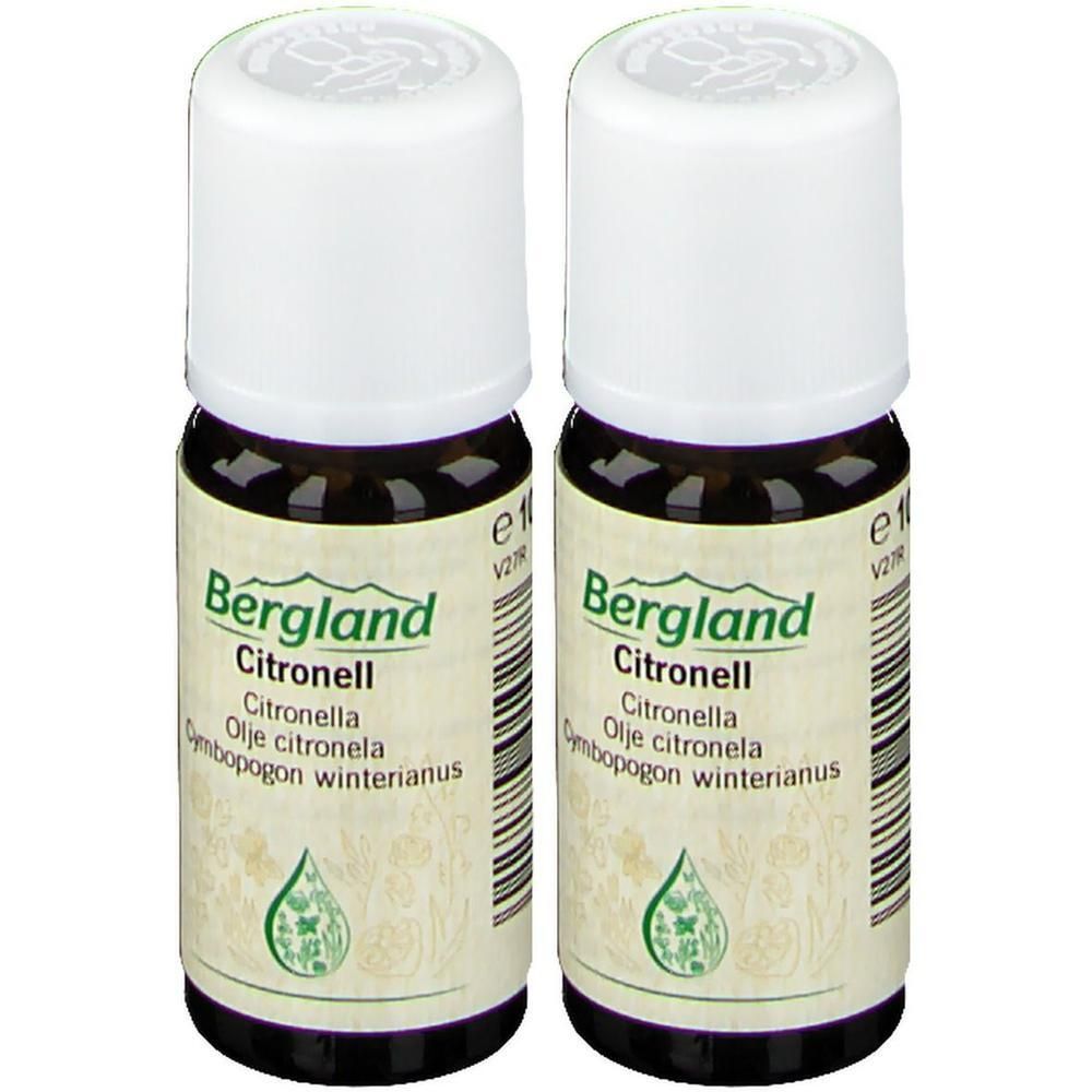 Zwei Flaschen mit weißem Deckel. Aufschrift: Bergland Citronell. Etikett mit grüner Illustration.