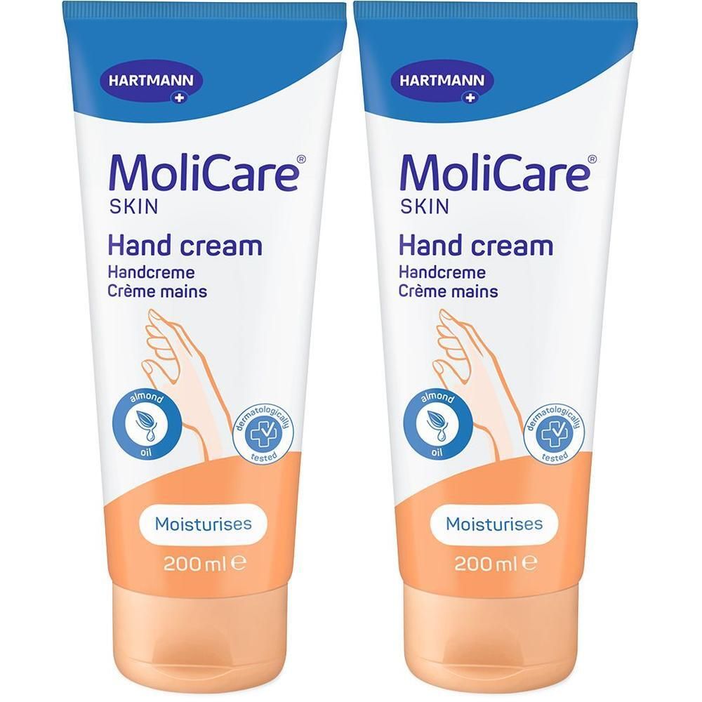 Zwei Tuben MoliCare Skin Handcreme. Weiße Tuben mit blauen und orangen Akzenten. Aufschrift: Hand cream, Crème mains. Mit Mandelöl und pH-hautneutral.