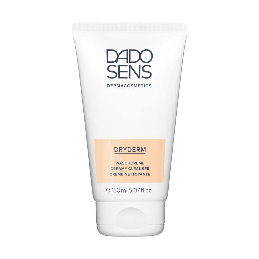DADO SENS DRYDERM Waschcreme Tube. Weiße Tube mit hellbraunen Akzenten und Produktinformationen.