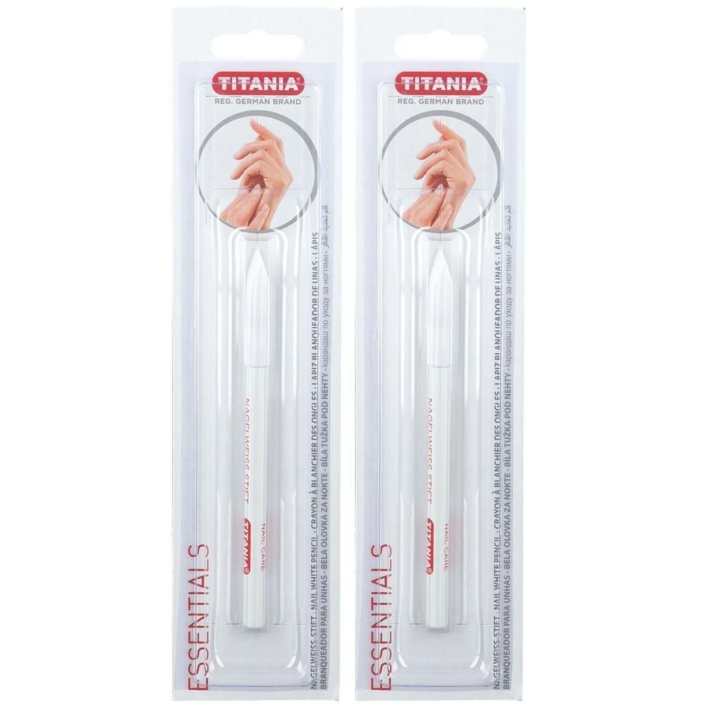 Zwei TITANIA Nagelweiss-Stifte in Blisterverpackung. Weißer Stift mit Spitze. Aufschrift: Essentials.