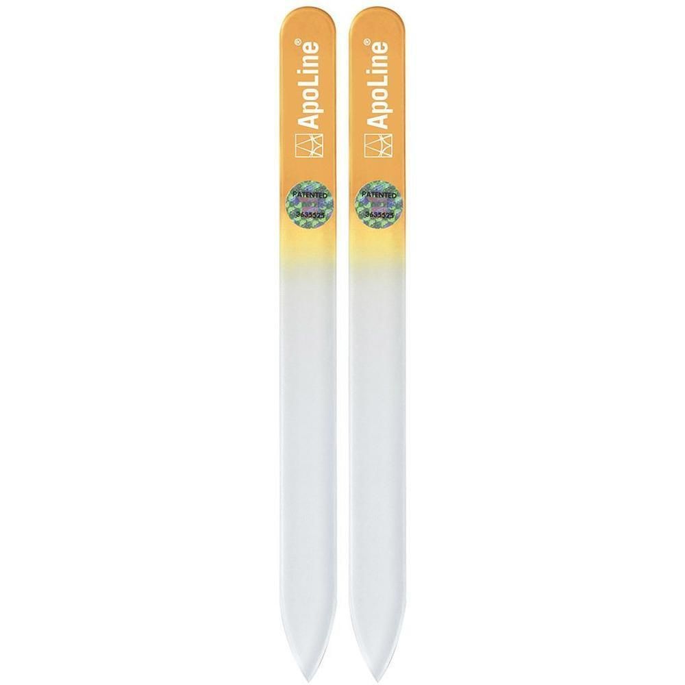 Zwei Glasnagelfeilen, orangefarbener Griff mit Logo. Transparenter Feilbereich. Hologramm-Aufkleber.