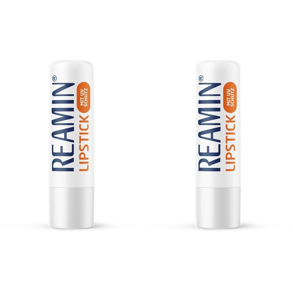 Zwei weiße Lippenstifte mit blauer und orangefarbener Schrift. Aufschrift: REAMIN LIPSTICK MIT UV SCHUTZ.