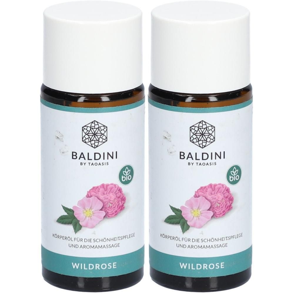 Zwei Flaschen mit weißem Deckel. Aufschrift: Baldini, Wildrose, Bio-Siegel. Abbildung: Rosenblüten.