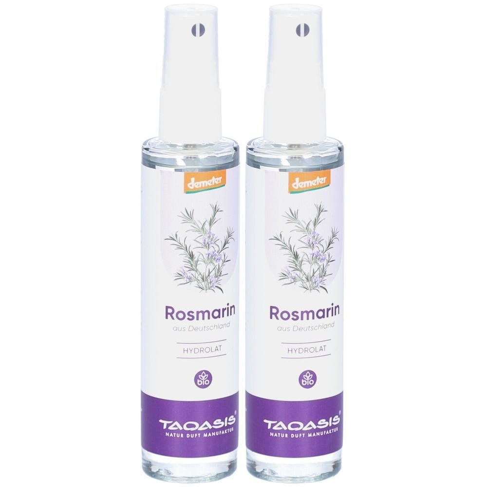 Zwei Sprühflaschen mit weißem Deckel. Aufschrift: Rosmarin, Hydrolat, Bio-Siegel. Marke: TAOASIS.