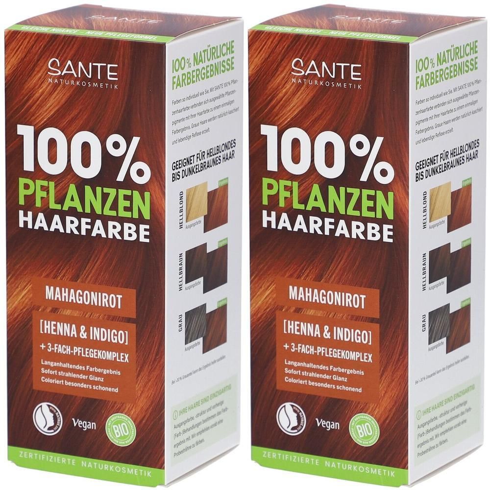 Zwei Kartons Pflanzenhaarfarbe. Aufschrift: 100% Pflanzen Haarfarbe, Mahagonirot. Vegan-Siegel. Marke: SANTE Naturkosmetik.