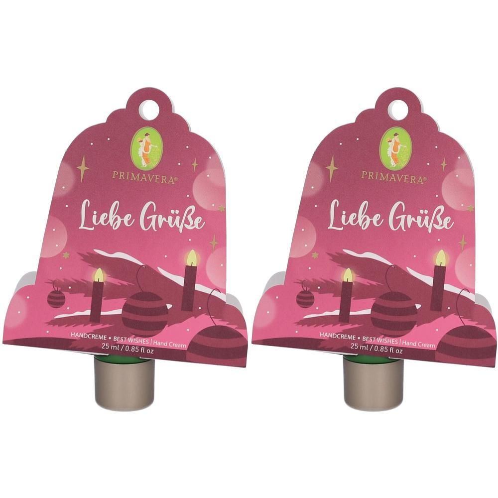 Zwei Geschenk-Anhänger mit Handcreme. Rosa Verpackung mit Aufdruck "Liebe Grüße" und PRIMAVERA Logo. 25 ml Handcreme.