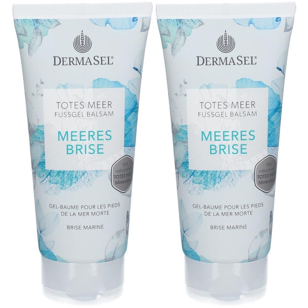 Zwei Tuben DERMASEL Fußgel Balsam Meeresbrise. Weiße Tuben mit blauem floralen Muster und Produktbezeichnungen. Logo und Produktnamen deutlich sichtbar.