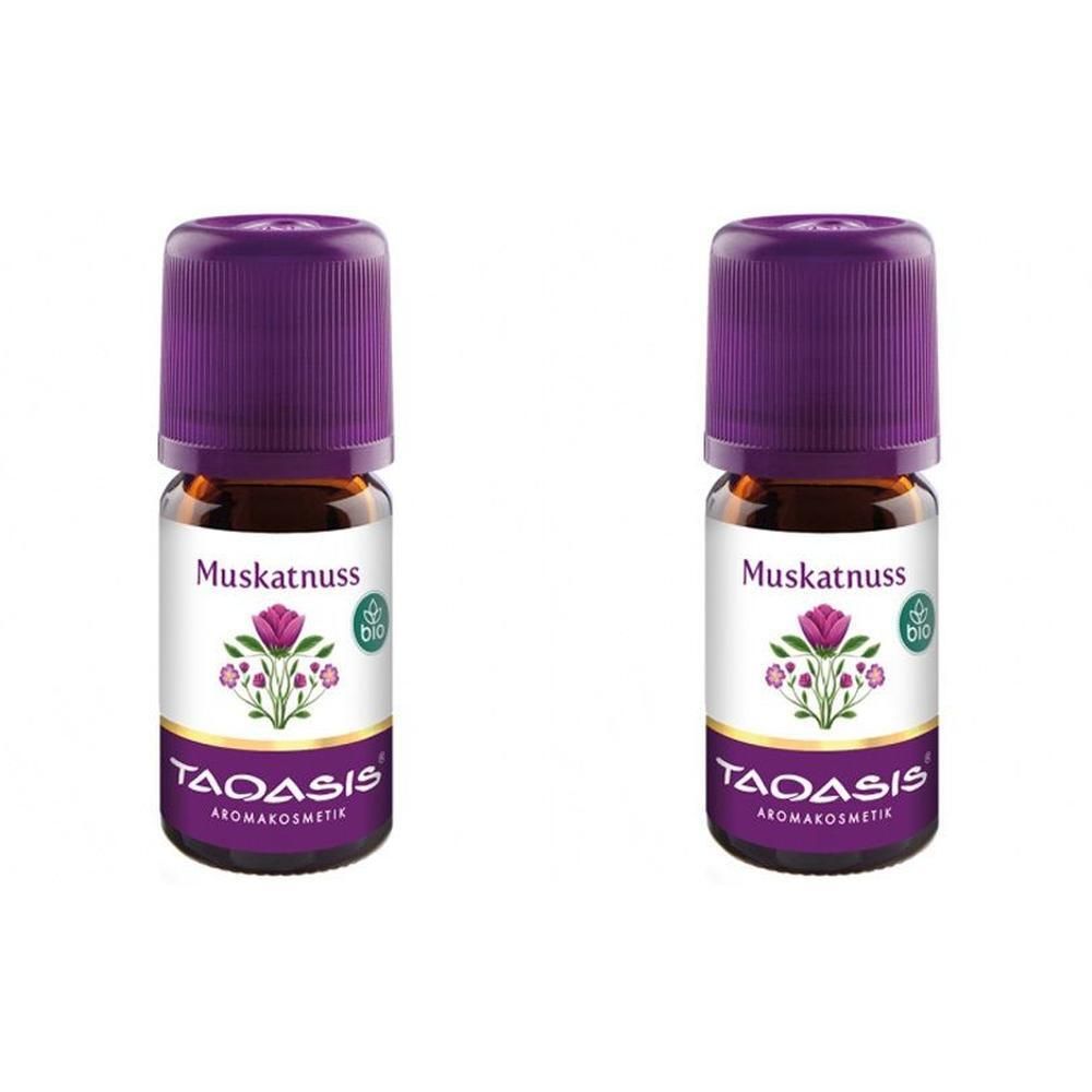 Zwei kleine Glasflaschen mit lila Deckeln. Auf den Etiketten steht "Muskatnuss" und "TAOASIS".