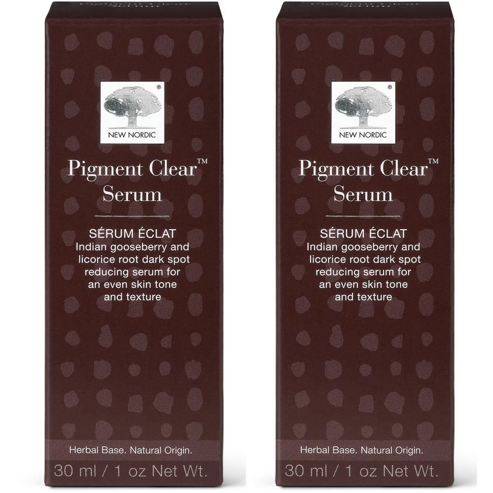 Zwei Schachteln mit Produktaufschrift Pigment Clear Serum. Braune Verpackung mit weißer Schrift und Logo. Text: Serum éclat.