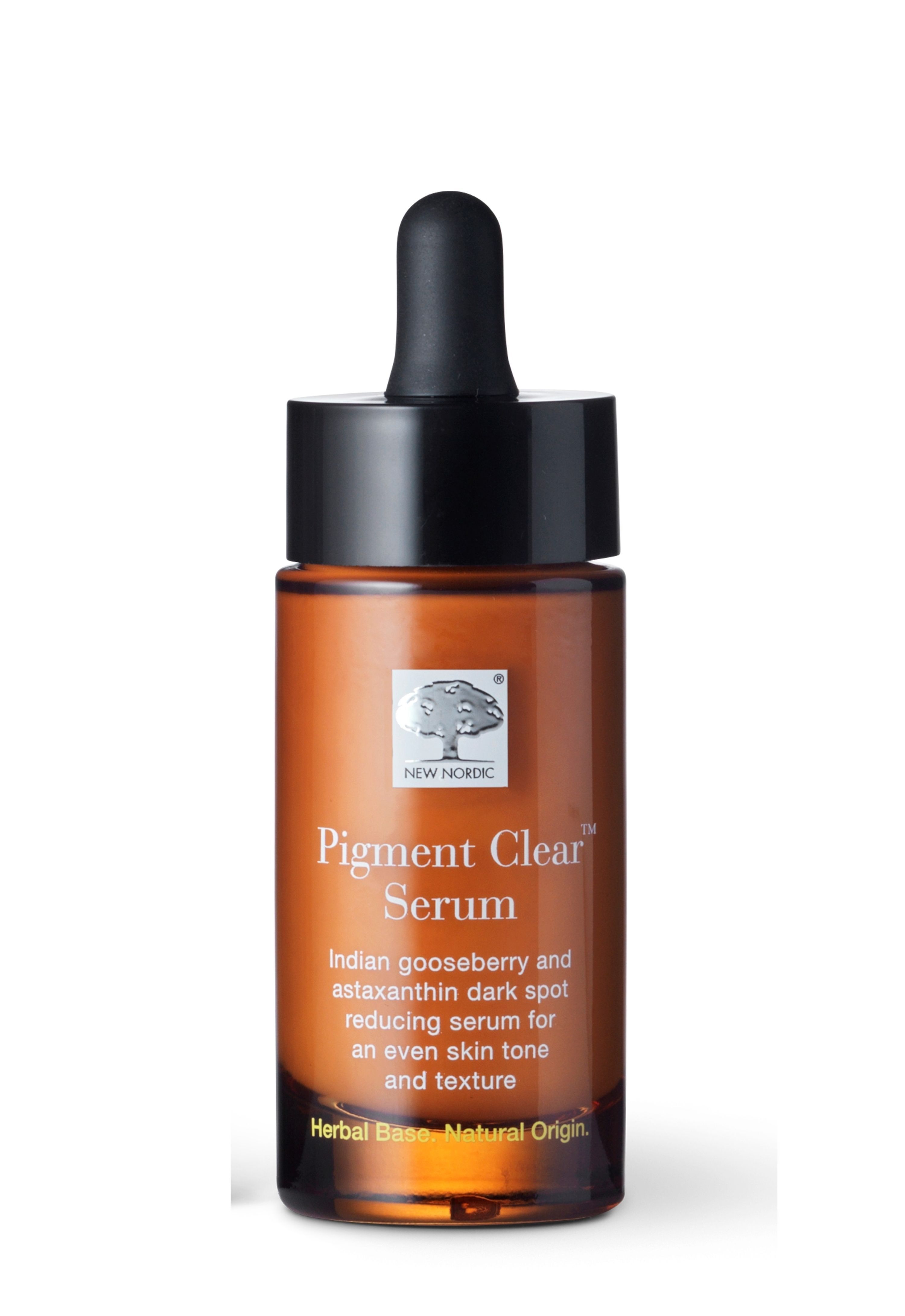 Braune Serumflasche mit schwarzem Deckel und Pipette. Aufschrift Pigment Clear Serum. Text: Indian gooseberry and licorice root.