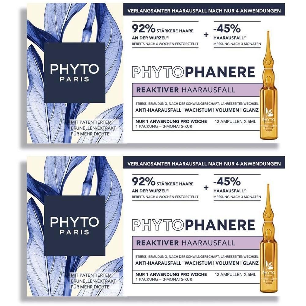 Zwei Packungen PHYTOPHANERE Kur mit je 12 Ampullen zur Behandlung von Haarausfall.