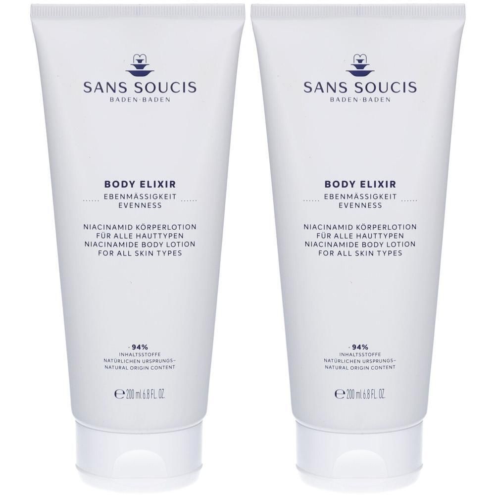 Zwei weiße Tuben mit Produkttext. Aufschrift: SANS SOUCIS, Body Elixir, Niacinamid Körperlotion. Für alle Hauttypen.
