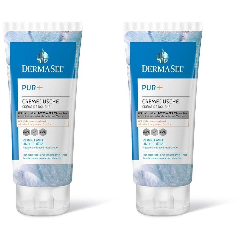 Zwei Tuben DermaSel® PUR+ Cremedusche. Blaue und weiße Verpackung. Text: PUR+, Cremedusche, Totes Meer Mineralien.