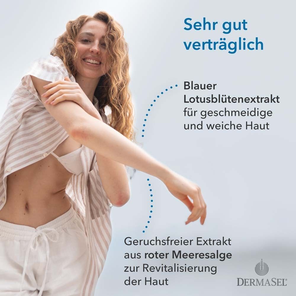 Frau mit Arm. Text: Blauer Lotusblütenextrakt für geschmeidige Haut. Geruchsfreier Extrakt aus roter Meersalge.