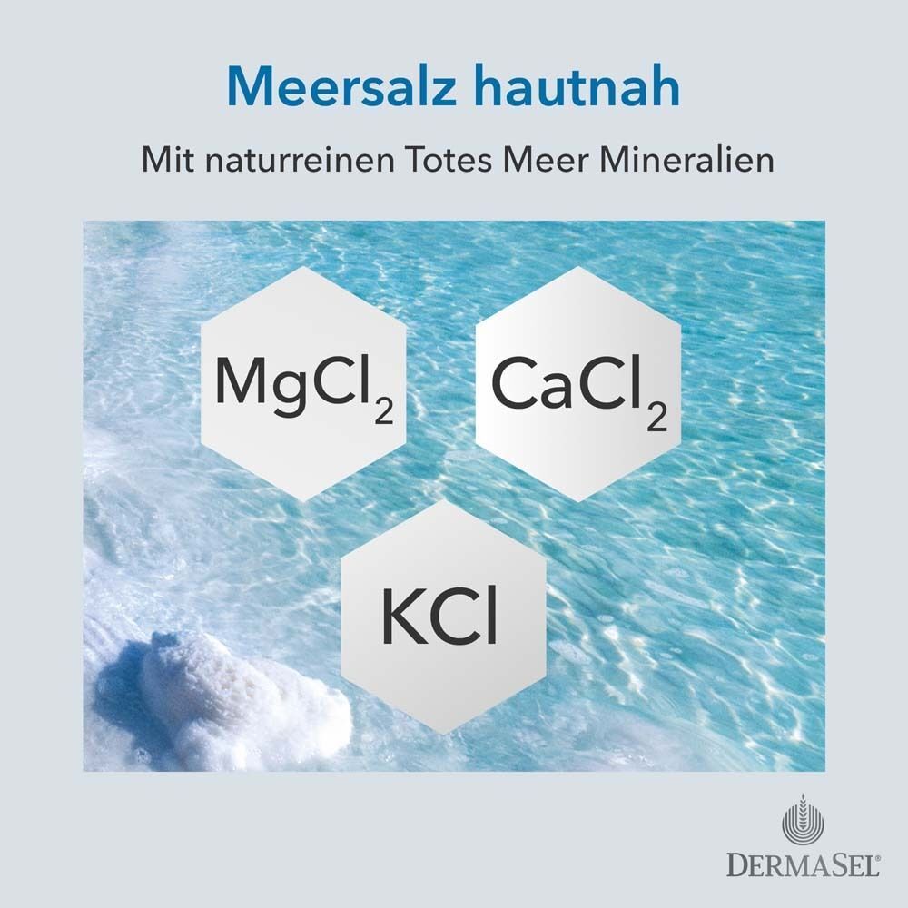 Drei sechseckige Formen mit Text: MgCl2, CaCl2, KCl. Hintergrund: Wasser. DermaSel® Logo.