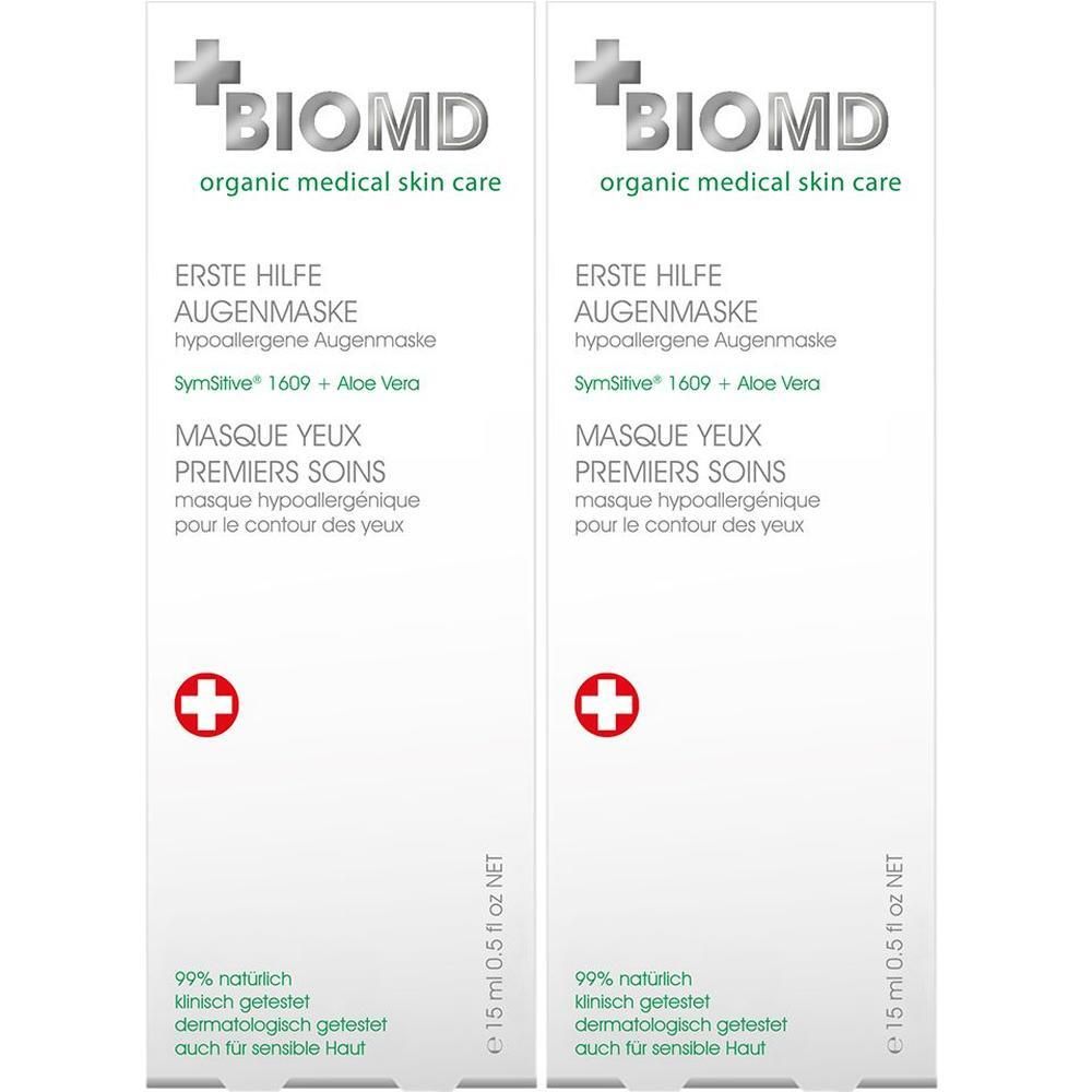 Zwei Tuben Augenmaske. Weiß, mit grüner Schrift. BIOMD-Logo und Produktname "Erste Hilfe Augenmaske" sichtbar. 15 ml.