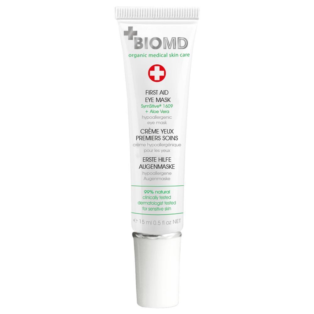 Tube Augenmaske. Weiß, mit grüner Schrift. BIOMD-Logo und Produktname "First Aid Eye Mask" sichtbar. 15 ml.