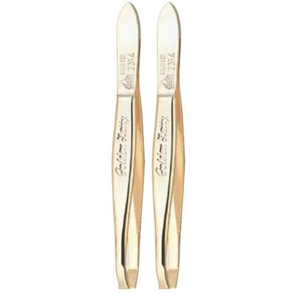Zwei goldfarbene Pinzetten. Aufschrift: Golden Beauty, Solingen, 2312. Spitze Form.