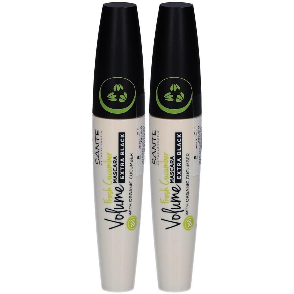 Zwei Mascara-Tuben. Schwarze Kappen, weiße Tuben mit grüner Schrift. Aufschrift: Volume, Extra Black, mit Bio-Gurke. Marke: SANTE.