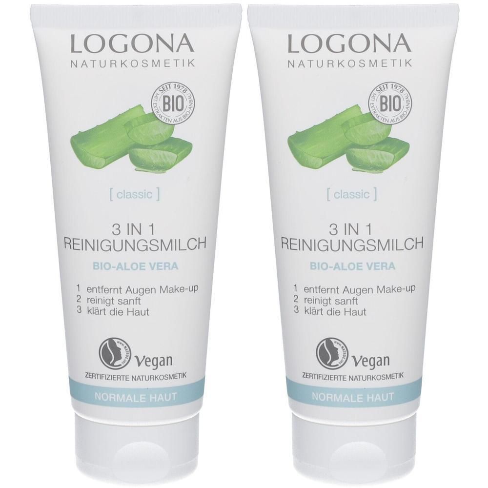 Zwei Tuben Reinigungsmilch. Aufschrift: LOGONA Naturkosmetik, 3 in 1 Reinigungsmilch Bio-Aloe Vera, Vegan, Zertifizierte Naturkosmetik, Normale Haut.