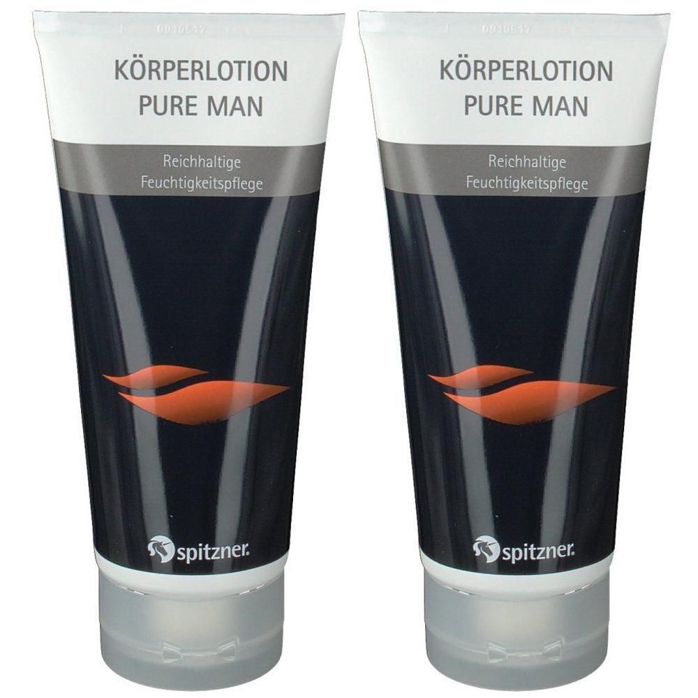 Zwei Tuben Körperlotion Pure Man. Weißer Deckel, schwarzer Korpus mit orangefarbenem Design. Schriftzug: Spitzner, Körperlotion, Pure Man.