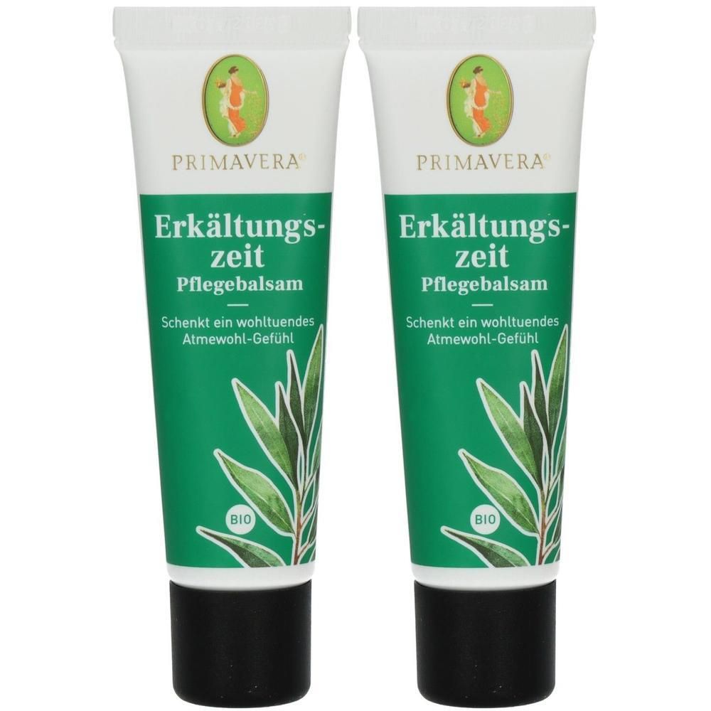 Zwei Tuben Pflegebalsam. Weiß-grüne Verpackung mit Produktnamen und Logo. Bio-Siegel.