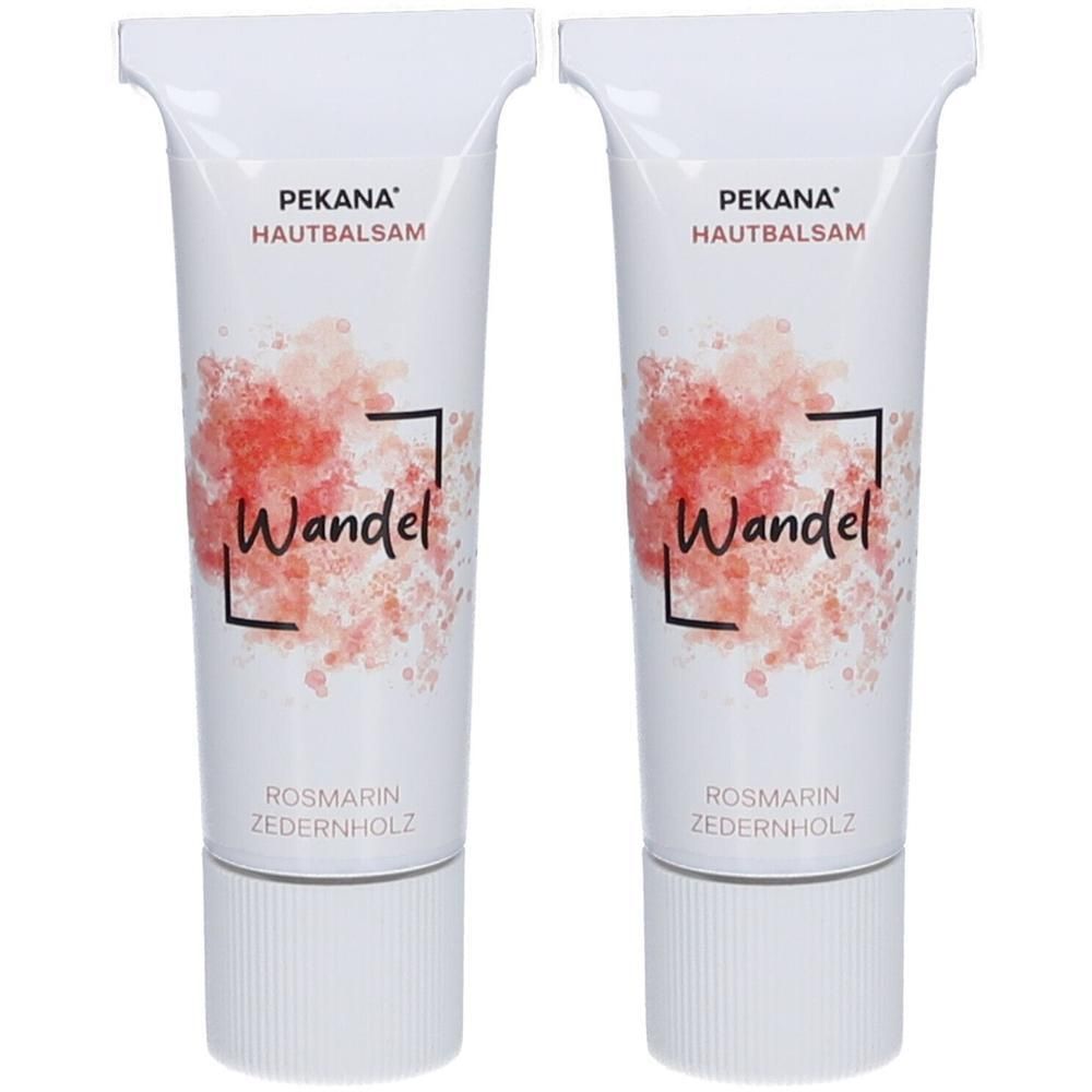 Zwei weiße Tuben PEKANA® Hautbalsam 2 Wandel. Aufschrift: Wandel, Rosmarin, Zederholz. Rote, aquarellartige Muster.
