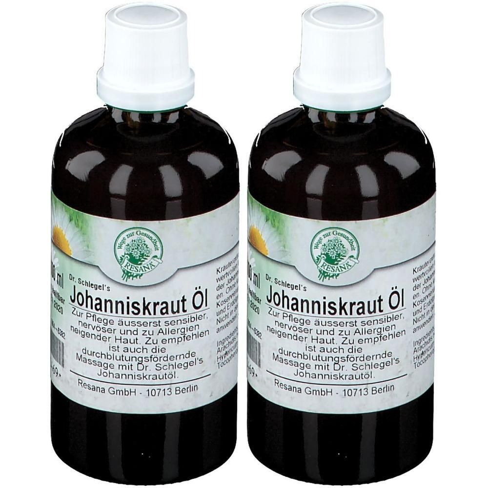 Zwei braune Glasflaschen mit weißem Verschluss. Auf den Etiketten steht „Johanniskraut Öl“ und „Resana“.