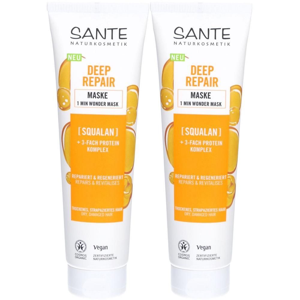 Zwei Tuben SANTE Deep Repair Maske. Weiße Tuben mit gelben Akzenten und Produktinformationen. Vegan.