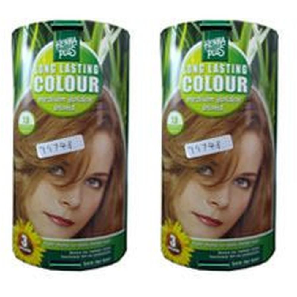 Zwei zylindrische Verpackungen. Aufschrift: Hennaplus Long Lasting Colour. Abgebildet ist ein Frauenporträt mit hellbraunem Haar.