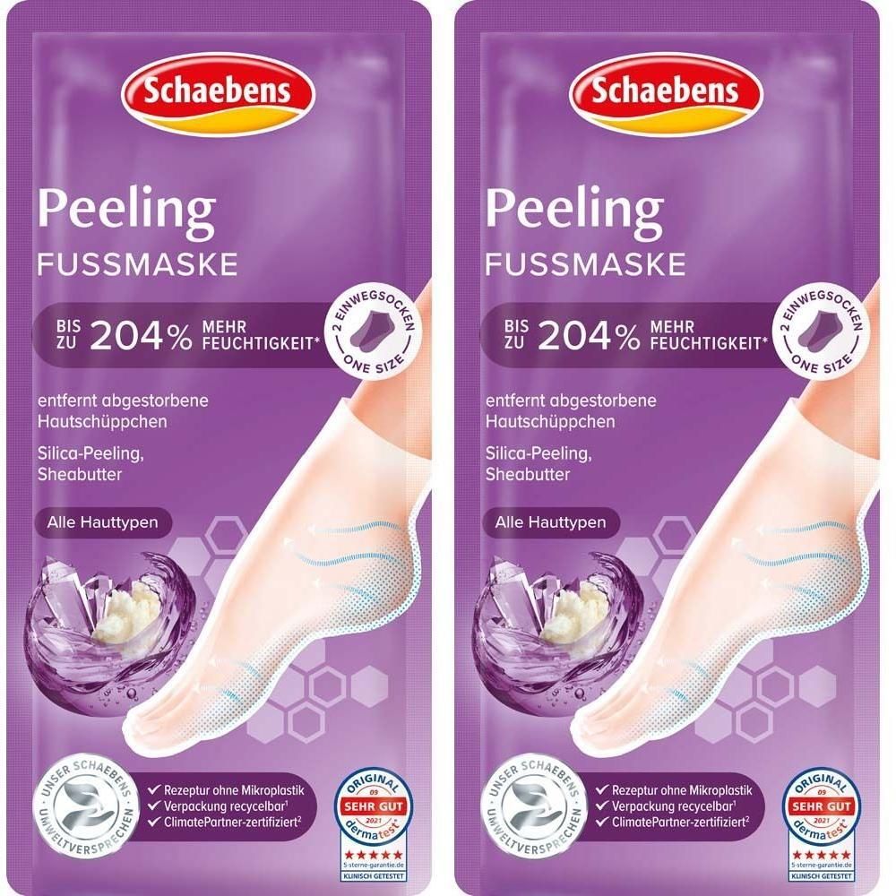 Zwei Packungen SCHAEBENS Peeling Fußmaske. Lila Verpackung mit Produktabbildung und Text. Enthält zwei Einwegsocken.