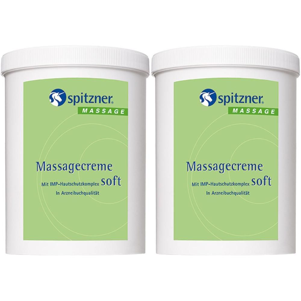 Zwei weiße Tiegel mit grünem Etikett. Aufschrift: Spitzner Massagecreme soft. Mit IMP-Hautschutzkomplex. In Arzneibuchqualität.
