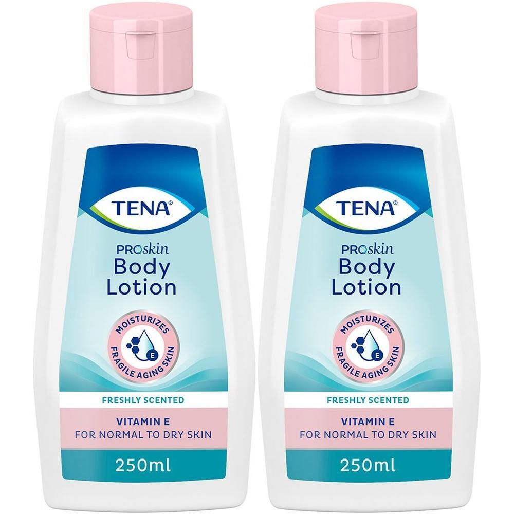 Zwei Flaschen TENA ProSkin Body Lotion. Weiße Flaschen mit rosa Deckel. Aufschrift: Vitamin E, für normale bis trockene Haut. 250ml.