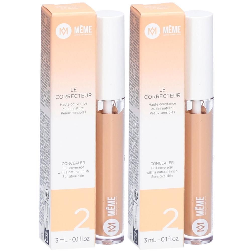 Zwei Concealer-Tuben mit Verpackung. Auf der Verpackung steht "MEME", "LE CORRECTEUR", "CONCEALER". Farbton 2, 3 ml.