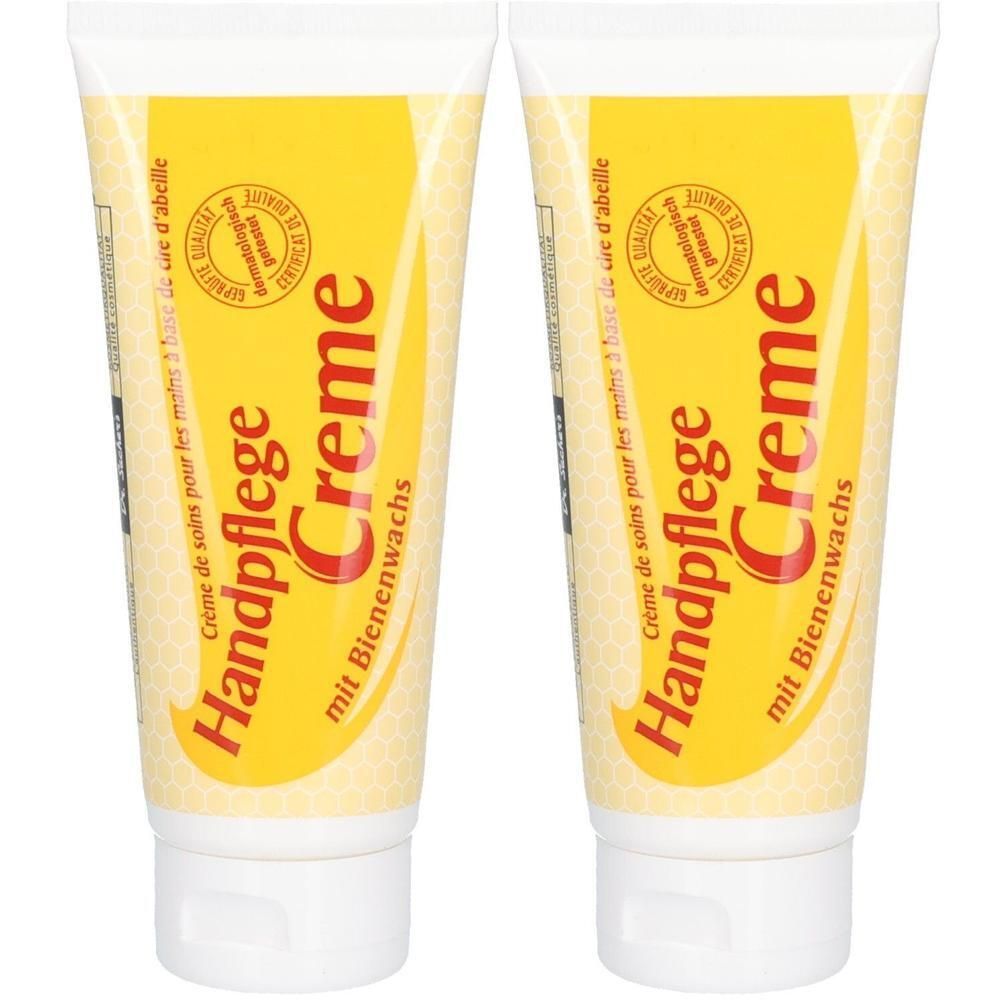 Zwei Tuben Handpflege Creme mit Bienenwachs. Gelbe Verpackung mit roter Schrift. Siegel mit Qualitätsmerkmal.
