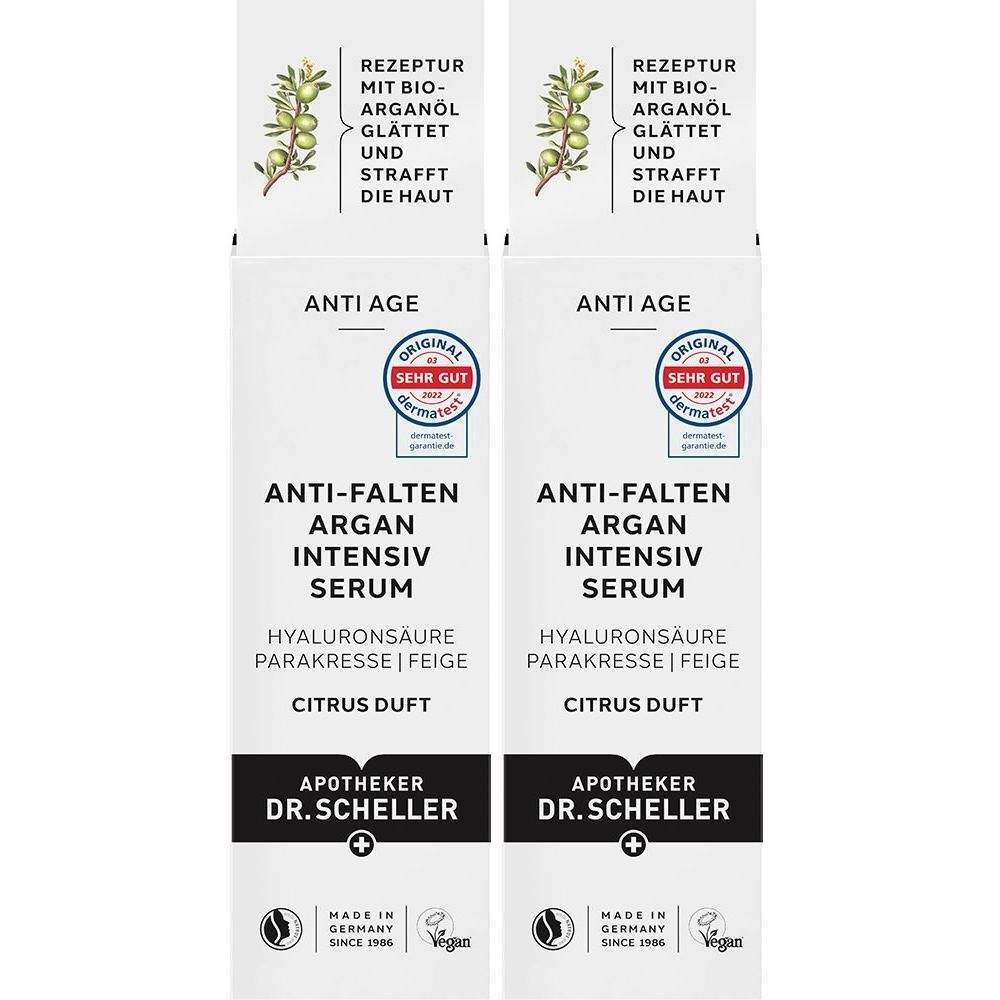 Zwei Produktverpackungen von DR. SCHELLER Anti-Falten Argan Intensiv Serum. Weiß, mit Text und Logo. Dermatest Siegel.
