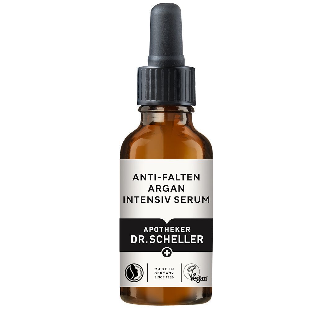 Braune Glasflasche DR. SCHELLER Anti-Falten Argan Intensiv Serum mit Pipette. Weißes Etikett mit Text und Logo.
